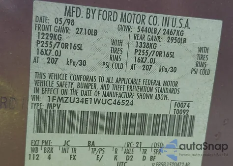 1998 Ford Explorer from USA, damaged, VIN 01FMZU34EWJC48524